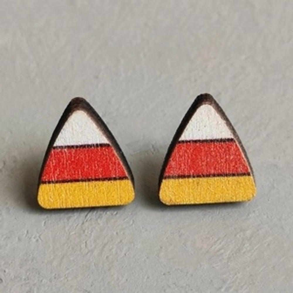 Handmade Wooden Candy Corn Stud Earrings Halloween Fall Autumn Festive Jewelry